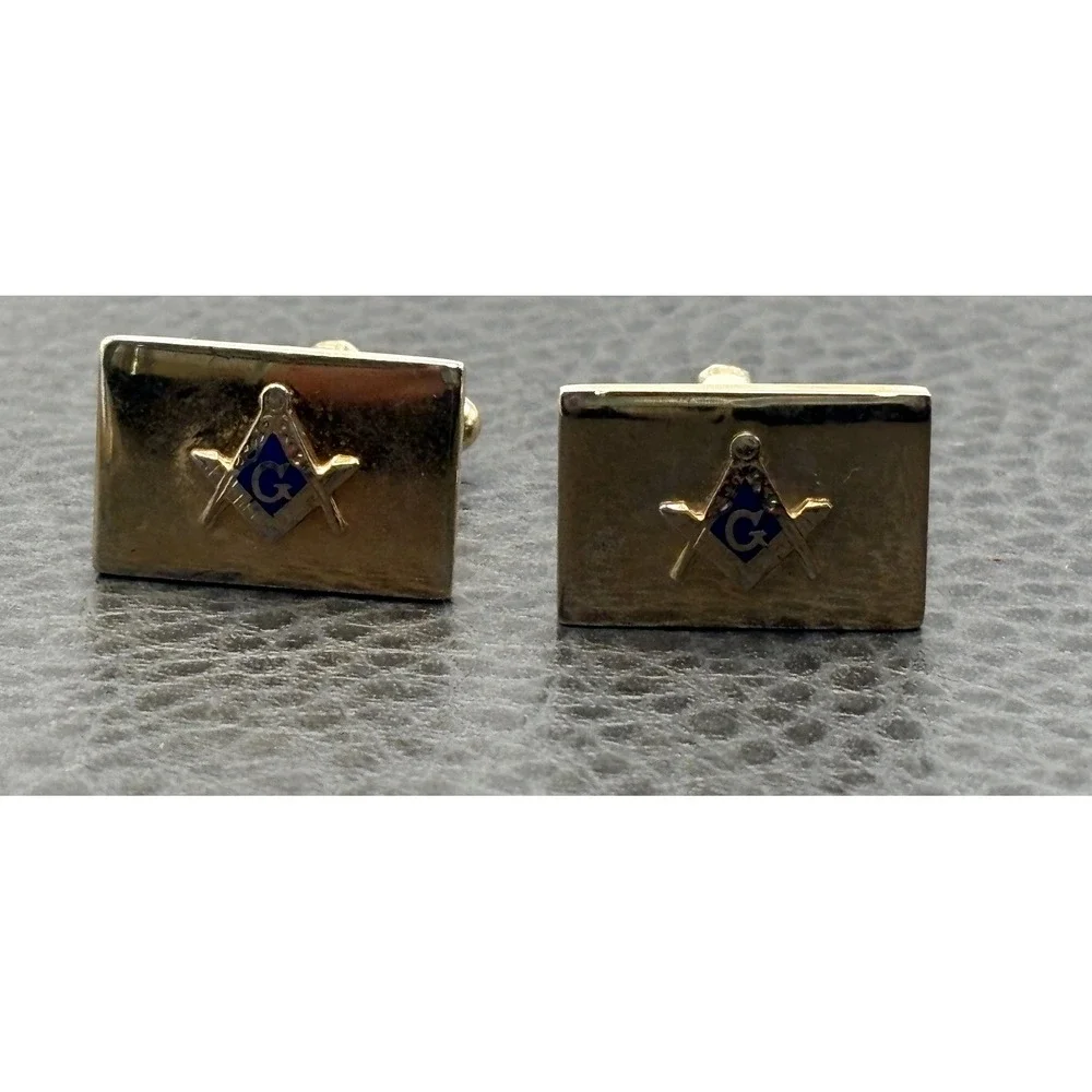 Vintage Flex-Let Masonic Free Mason Symbol Blue Enamel Cufflinks Gold Tone